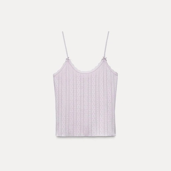 Zara Lace Trim Pointelle Top L - Picture 2 of 7